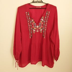Johnny Was Floral Embroidered Blouse Tie Sleeve V Neck Pleated Back Red